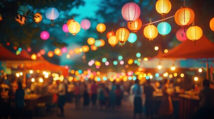 Illuminated night market with colorful lanterns and blurred crowd.
