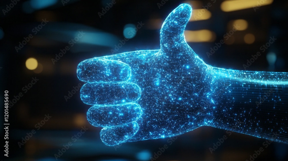 Poster a serene holographic hand hovers gently in a shadowy digital realm, emitting a constellation of glow