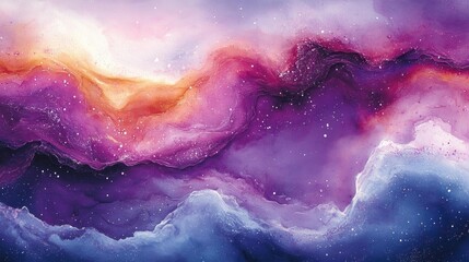 Fototapeta premium A dreamy abstract watercolor painting of space with nebula clouds in purple and violet hues. Generative AI