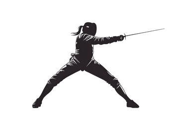 Black silhouette of a fencing sports person. Fencer flat illustration isolated on white background