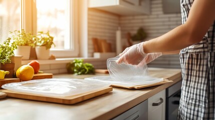 Woman preparing food in kitchen, using plastic wrap for food storage.