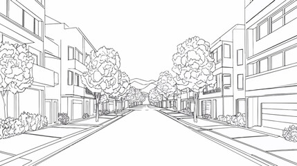Fototapeta premium Detailed Residential Street Road Continuous Line Art Flat Vector Graphic
