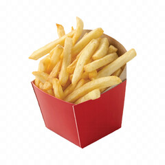 abstract 3d crispy French fries in striped container or red bucket isolated on white background