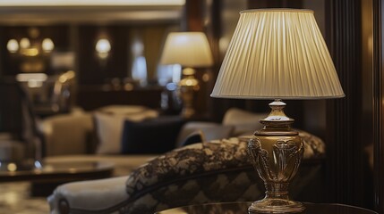 Elegant gold table lamp with pleated shade illuminates a luxurious living room.