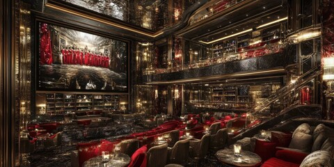 Luxurious home theater, red seating, movie screen, bar.  Private screening room