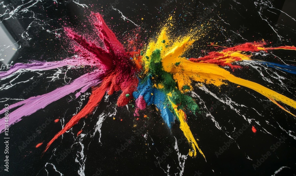 Poster brightly colored powders explode in a vibrant display on a sleek black surface, dynamic colored mess