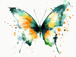 Vibrant butterfly with orange and green watercolor splashes creating a striking visual display of nature's beauty