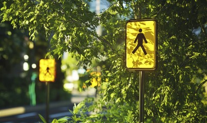 Pedestrian Crossing Sign Amidst Lush Green Foliage