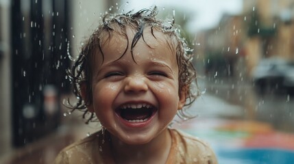 Obraz premium Happy toddler laughing in the rain.