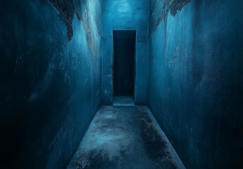 Obraz premium Dark Blue Abstract Background with Concrete Floor and Wall, Mysterious Atmosphere, Low Lighting, High-Resolution Cinematic Octane Render Design