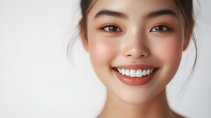 Obraz premium Beautiful young woman with radiant smile showcasing natural makeup and healthy skin in a bright indoor setting during daylight