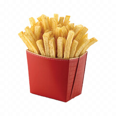 abstract 3d crispy French fries in striped container or red bucket isolated on white background