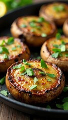 Delicious stuffed mushrooms topped with fresh herbs on a rustic wooden table.