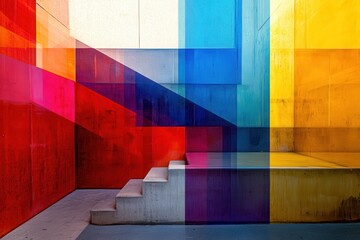 Abstract Double Exposure with Vibrant Gradient Effects in Geometric Forms Featuring Colors Red, Blue, Yellow and Orange in a Modern Architectural Setting