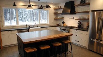 Modern farmhouse kitchen with white cabinets, wood countertops, and island.
