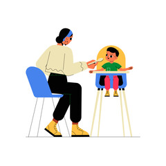 Mother Feeding Toddler In High Chair In Flat Vector Illustration Symbolizing Parenting, Childcare, And Nourishment, Isolated On White Background