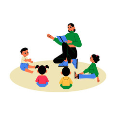 Teacher Reading Story To Children In Flat Vector Illustration Symbolizing Education, Learning, And Interaction, Isolated On White Background