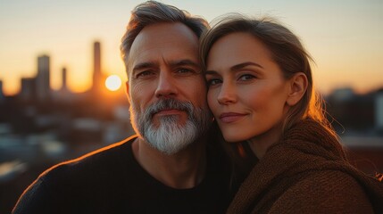 Couple enjoying a sunset on a rooftop with a city skyline backdrop while embracing and capturing a moment of affection