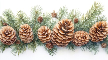 Fototapeta premium Watercolor Pine Cones with Green Pine Branches. Generative AI
