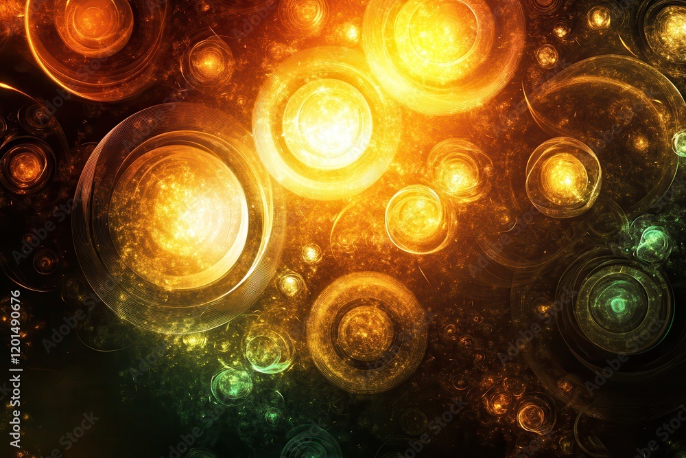 Poster ethereal glowing particles floating in dark space with vibrant colors and light patterns, capturing 