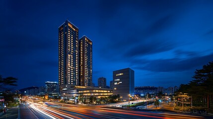 Obraz premium Modern skyscraper hotel at night with city lights and traffic.
