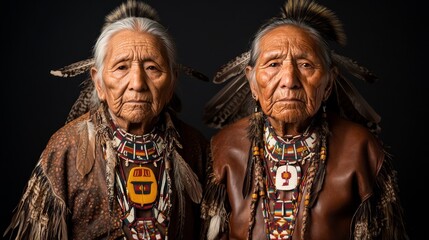 Fototapeta premium Proud Native American Elderly Twins in Traditional Beadwork and Feathers with Stoic Expressions