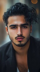 Fototapeta premium Young man with wavy hair poses confidently in an urban setting during twilight hours, highlighting his striking features and unique style
