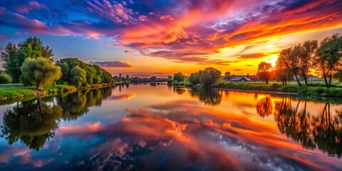 Obraz premium Serene Evening River Landscape: Golden Hour Reflections on Calm Waters