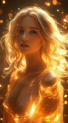 Naklejka premium Young woman with flowing blonde hair illuminated by warm golden light surrounded by sparks in an ethereal setting during twilight