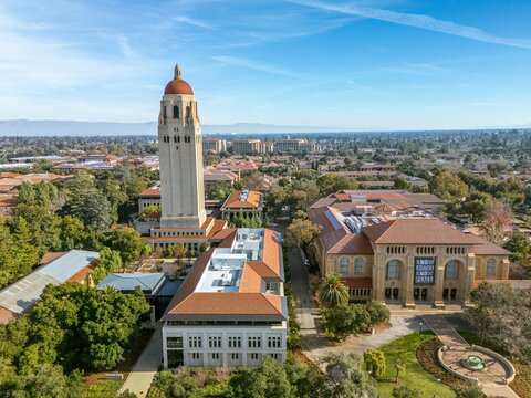 Aerial view of Stanford University, Palo Alto, Silicon Valley, California, USA.