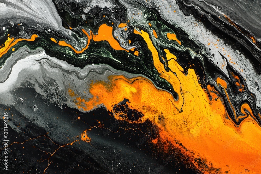 Poster abstract glowing bubbles floating in a layer of vibrant orange, black, and white, creating a hypnoti