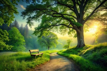 Obraz premium Serene Forest Path: Bench, Solitary Tree, Double Exposure Photography