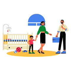 Family Interacting In Nursery Room With Crib And Toys In Flat Vector Illustration Symbolizing Parenting, Family Bond, And Childhood, Isolated On White Background.