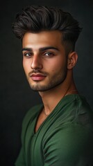 Obraz premium Portrait of a young man with stylish hair and confident expression, captured in soft lighting against a dark background