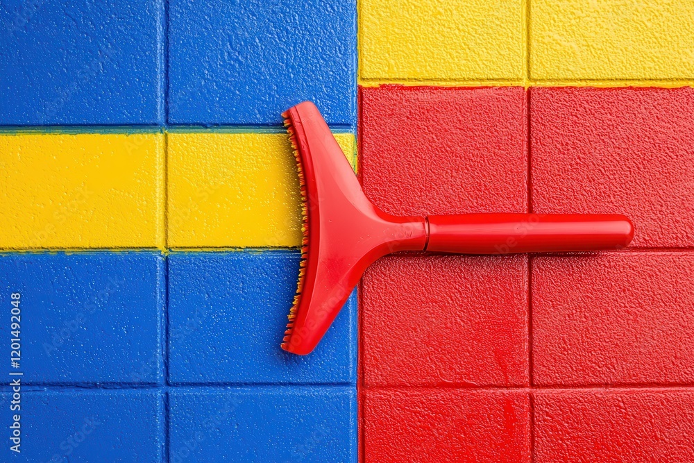 Poster vibrant abstract wave pattern background with bold colors, featuring a bright red squeegee on textur