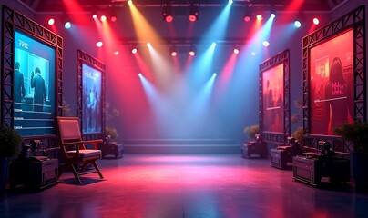 A modern stage for a talk show , TV interview , TV show . Illuminated by bright spotlights with red, blue and yellow hues.