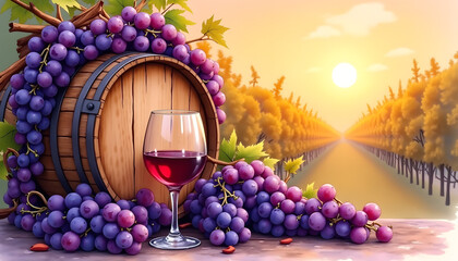 Fototapeta premium Artistic watercolor depiction of a rustic wine barrel surrounded by purple grapes and a wine glass