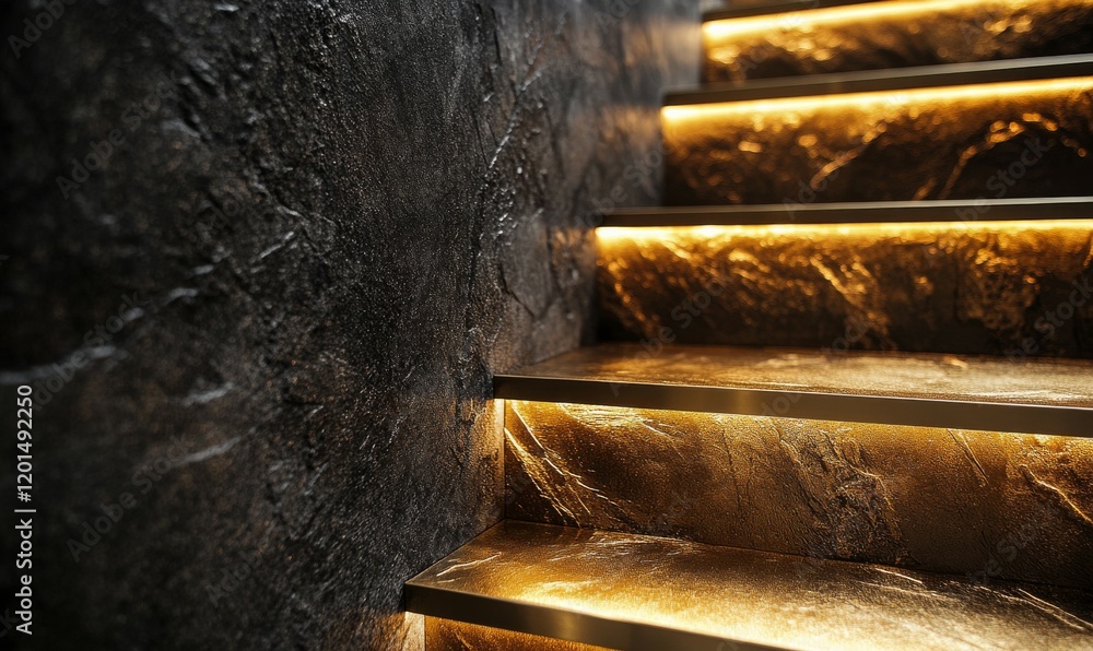 Poster golden bars on textured staircase create striking visual effect