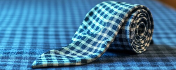 Checkered tie resting on blue surface suitable for formal events or business attire
