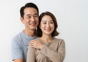 Fototapeta premium Happily married senior couple embracing each other and smiling with joy - isolated on white 