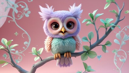 Naklejka premium Detailed rendering of a cute, colorful owl perched on a branch amidst soft pastel foliage on a gentle background in a serene, fantasy setting during the daytime