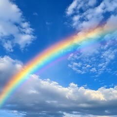 Vibrant rainbow arc in a partly cloudy blue sky.