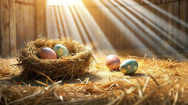 Easter Eggs lying in sunlit hay nest with sun glow in rustic barn, festive spring celebration Easter concept