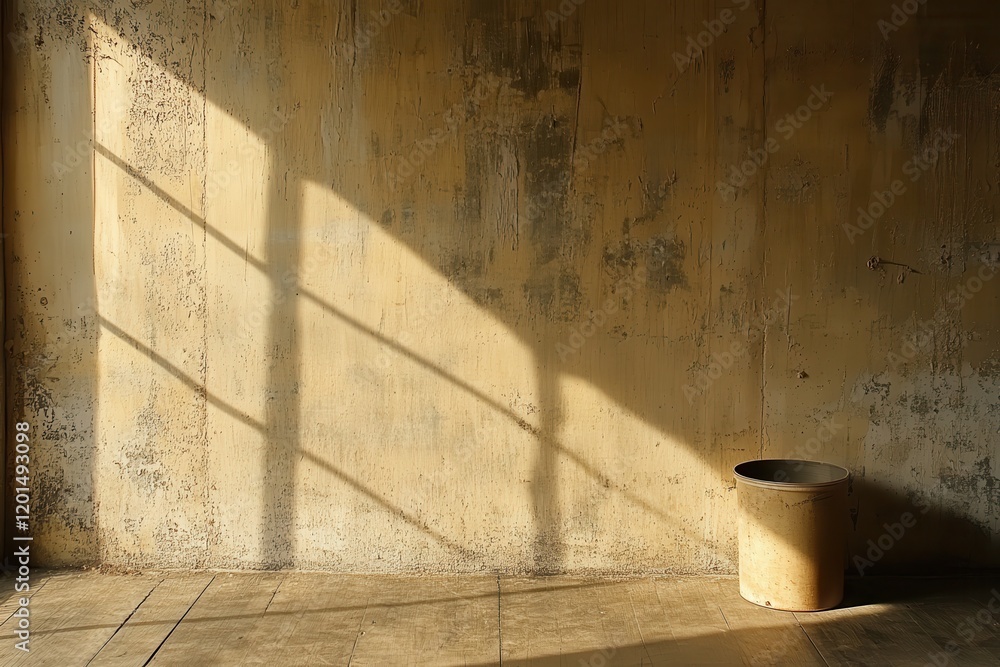 Poster concrete wall background with soft shadows in an empty factory space featuring a sturdy waste bin on