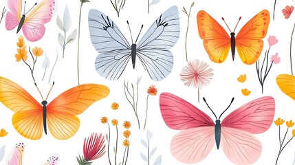 Obraz premium Colorful butterflies and wildflowers pattern; nature background for spring designs