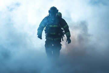 Fototapeta premium Firefighter advances through thick smoke during an emergency response in a training exercise in the late afternoon