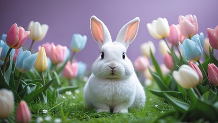 Fototapeta premium Plump white bunny surrounded by colorful tulips in a vibrant garden during a sunny spring day, creating a cheerful and lively atmosphere