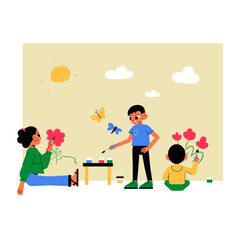 Children Engaged In Outdoor Craft Activities With Flowers And Paints In Flat Vector Illustration Symbolizing Creativity, Play, And Education, Isolated On White Background.