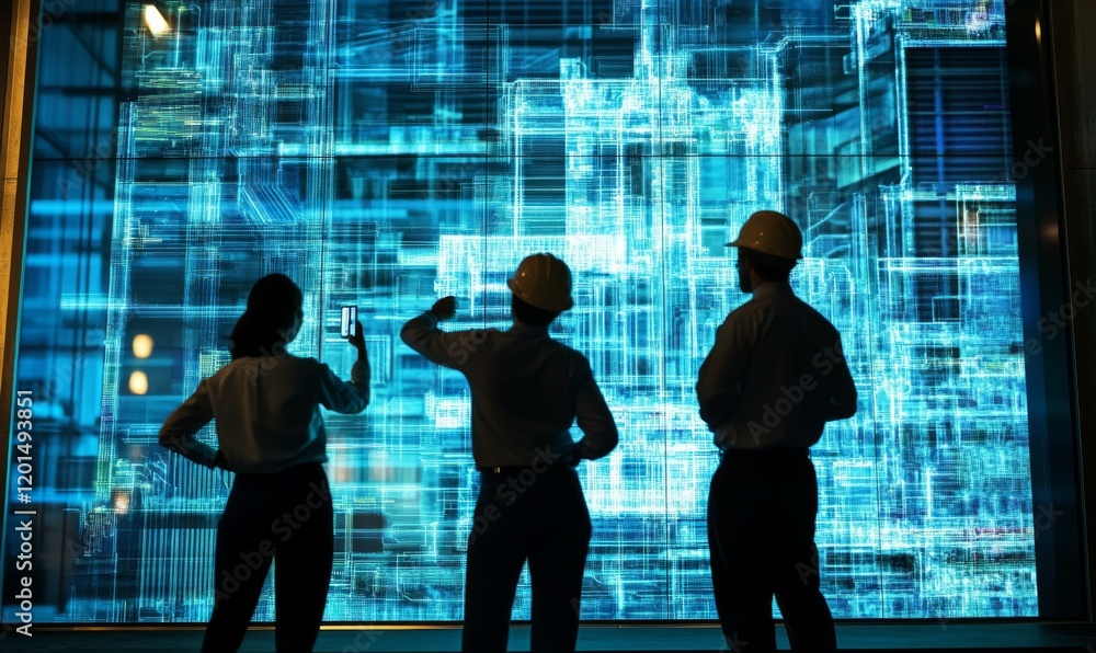 Poster innovative professionals observing digital data visualization in modern setting. their silhouettes h