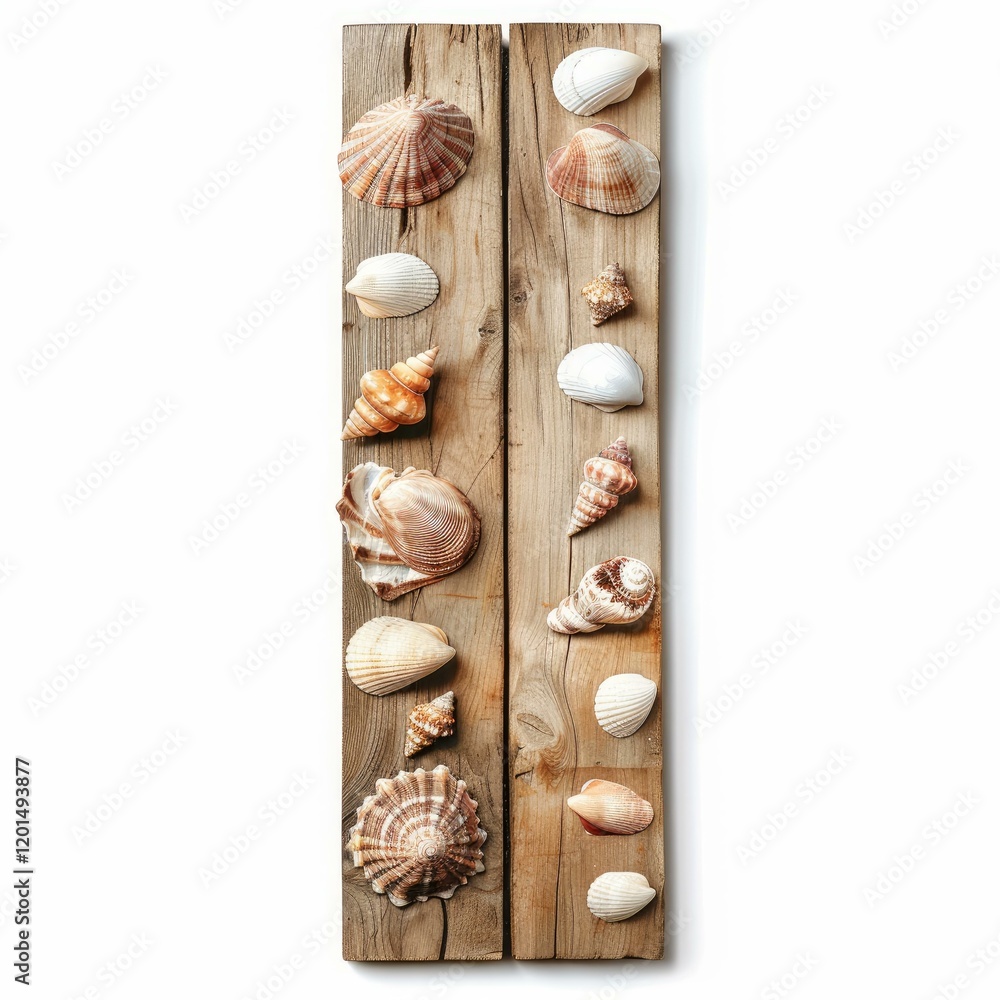 Aufkleber different seashells creating a visually appealing arrangement on two weathered wooden planks
